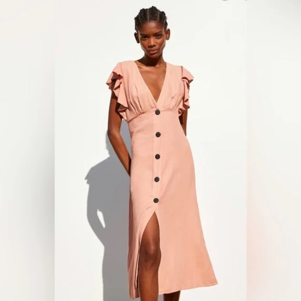 NWOT Zara Ruffled Rustic Linen Dress in Pink Sand